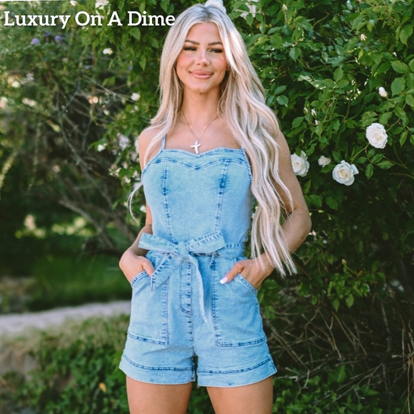 Pants - Denim Romper Shorts Sweetheart Sleeveless Belt Pocket Jean One-piece Jumpsuit